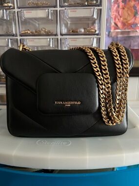 Karl Lagerfeld Black Quilted Shoulder Bag with Gold Chain